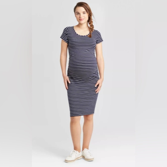 Isabel Maternity Muted Blue and White Striped Maternity Top, Size Small - Picture 1 of 5